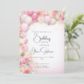 QR Birthday Pink Balloons and Daisies Einladung (Stehend Vorderseite)