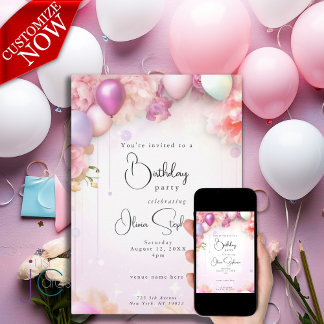 QR Birthday Pink und Lilac Floral Balloons Einladung
