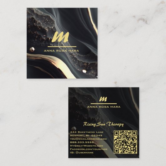 *~* QR Black Gold Glitzer Dramatisches Monogramm A Quadratische Visitenkarte (Vorne/Hinten)