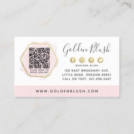 QR (Blush Pink Watercolor & Gold) Visitenkarte (Rückseite)