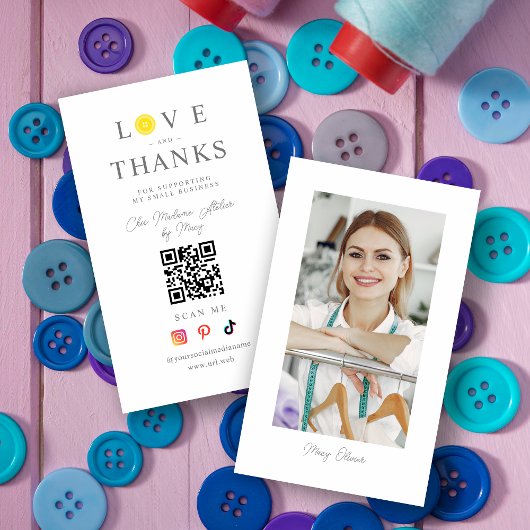 QR Chic Yellow Button Love & Thanks Photo Support Visitenkarte