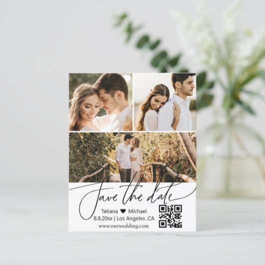 QR-Code 3-Foto-Collage Save the Date Einladung (Stehend Vorderseite)