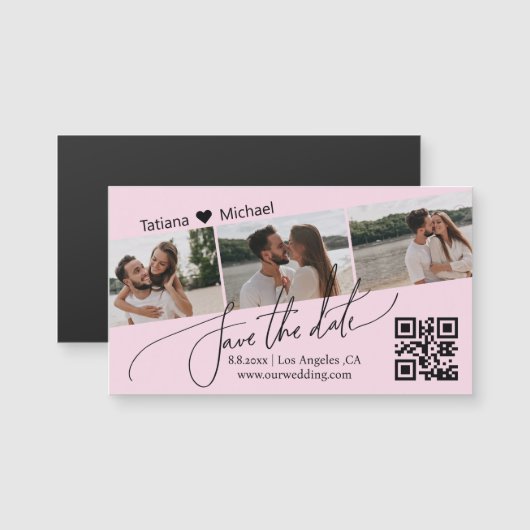 QR-Code 3 Foto-Collage Save-the-Date rosa Magnet (Vorne/Hinten)