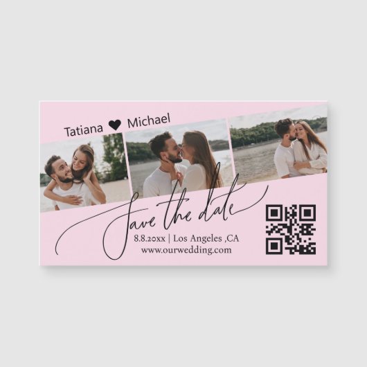 qr code 3 photo collage save the date pink magnet (Vorderseite)