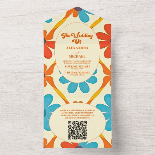 QR Code 70's Retro Groovy Orange Wedding All In One Einladung (Innen Boden)