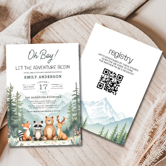 QR Code Adventure fängt Woodland Baby Shower an Einladung