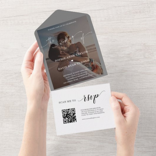 QR Code Airy Greenery Foto Wedding All In One Einladung (Abreißen)