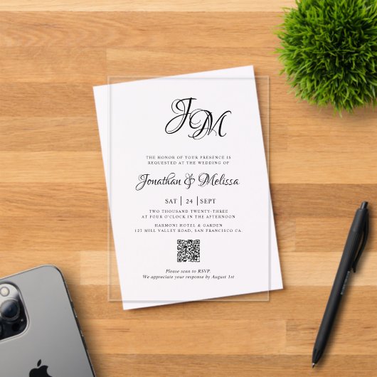 QR Code All in One Stylish Monogram Script Wedding Acryleinladungen (Insitu (Einladungskarte))