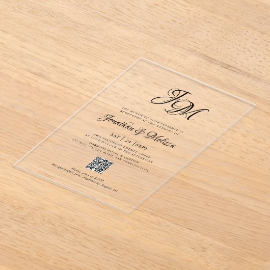 QR Code All in One Stylish Monogram Script Wedding Acryleinladungen (Ablage )
