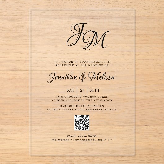 QR Code All in One Stylish Monogram Script Wedding Acryleinladungen (Vorderseite)