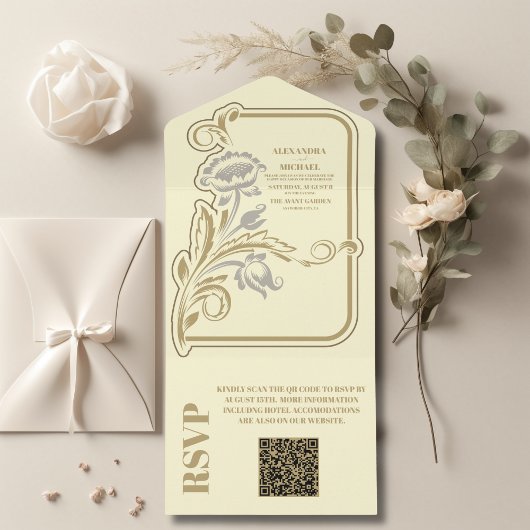 QR Code Antique Art Nouveau Hochzeit All In One Einladung