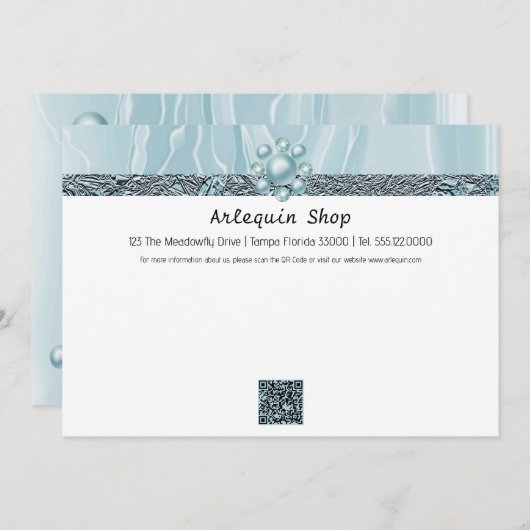 QR Code Aquamarin Blue Silk Foil Business Mitteilungskarte (Vorne/Hinten)