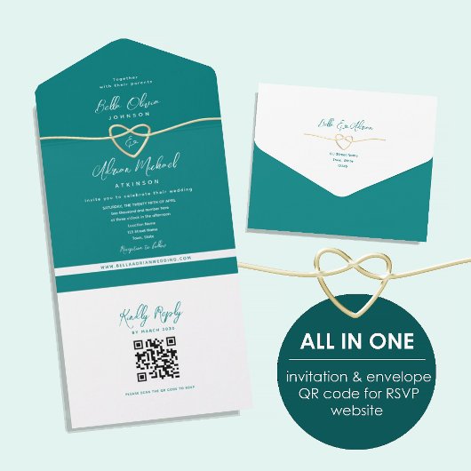 QR-Code Aquamarines Goldherz Hochzeit All In One Einladung