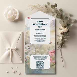 QR-Code Aquarell Floral Frühlingsberge Hochzeit All In One Einladung