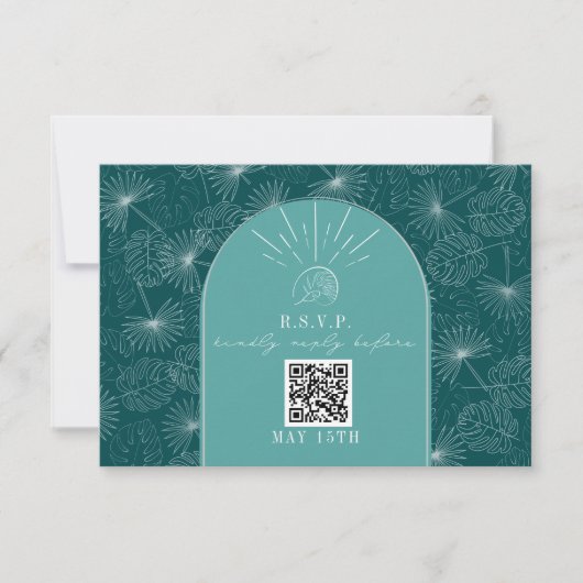 QR Code Arch Aquamarin tropische Palm Wedding RSVP (Vorderseite)