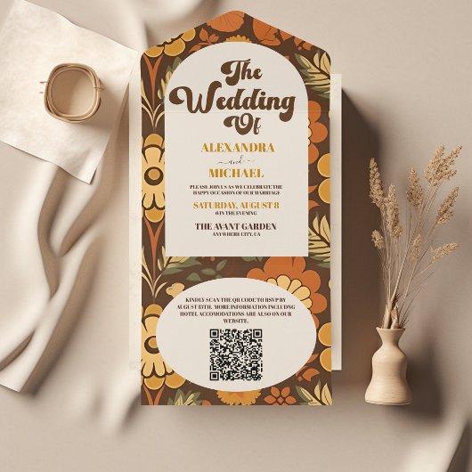 QR Code Arch Modern Retro 70s Floral Wedding All In One Einladung