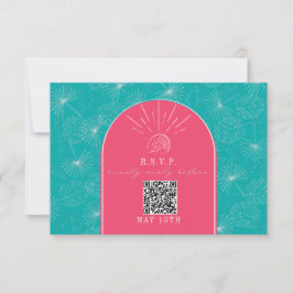 QR Code Arch Pink Blue Tropical Palm Wedding RSVP Karte