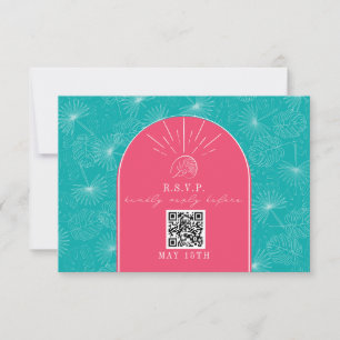 QR Code Arch Pink Blue Tropical Palm Wedding RSVP Karte
