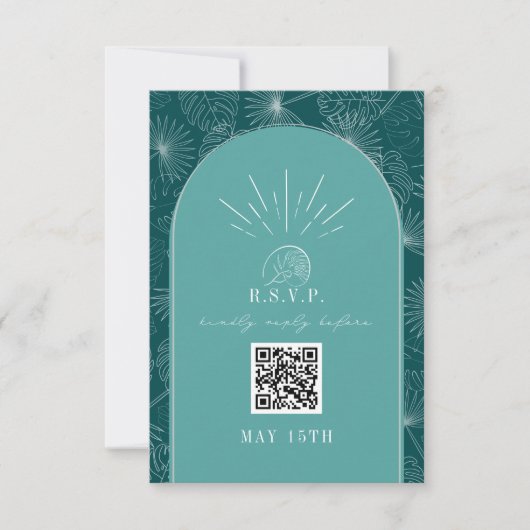 QR Code Arch Tropical Palm Aquamarine Hochzeit RSVP Karte (Vorderseite)