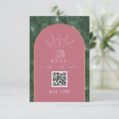 QR Code Arch Tropical Palm Rosa Grüne Hochzeit RSVP Karte (Stehend Vorderseite)