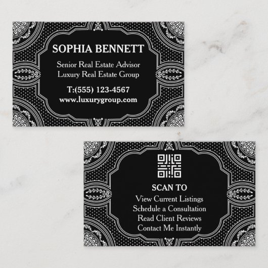 QR-Code Art Deco Luxus-Immobilien Visitenkarte (Vorne/Hinten)