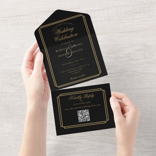QR Code Art Deco Monogram Wedding All In One Einladung (Abreißen)