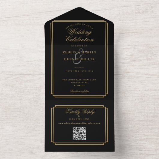 QR Code Art Deco Monogram Wedding All In One Einladung (Innen Boden)