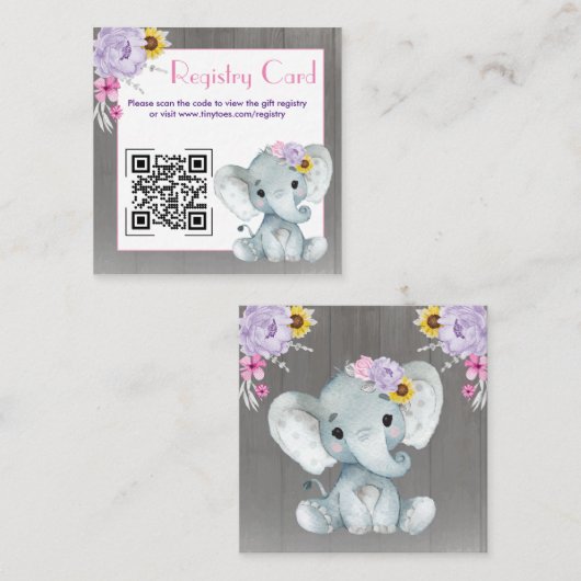 QR Code Baby Elephant Registry Lila rosa gelb Begleitkarte (Vorne/Hinten)