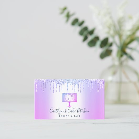 QR Code Bäckerei Kuchen Lila Glitzer Tropfen Nacht Visitenkarte (Stehend Vorderseite)