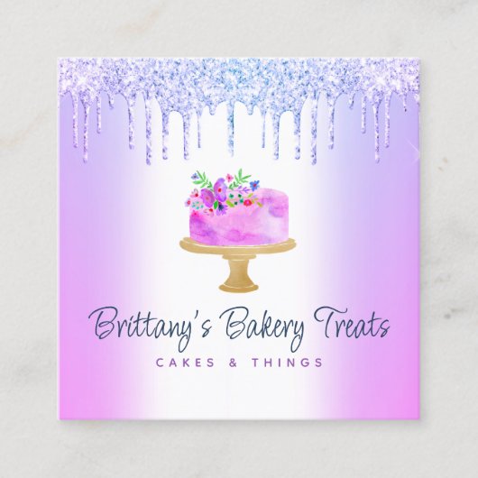 QR Code Bäckerei Lila Cake Glitzer Tropfen Nachtis Quadratische Visitenkarte (Vorderseite)