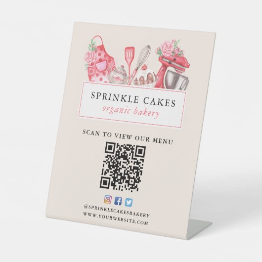 QR Code Bäckerei Menü Aquarellfarben Backhilfsmitt Sockelschild (Vorderseite)