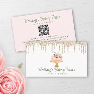 QR Code Bäckerei Rosa Pink Cake Gold Glitzer Tropf Visitenkarte