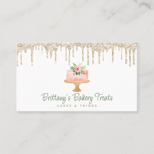 QR Code Bäckerei Rosa Pink Cake Gold Glitzer Tropf Visitenkarte (Vorderseite)