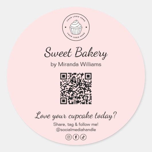 QR Code Bakery Logo Pink Business Sticker (Vorderseite)