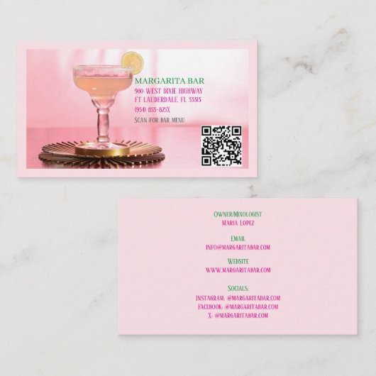 QR Code Bar & Lounge Pink Margarita Business Card Visitenkarte (Vorne/Hinten)