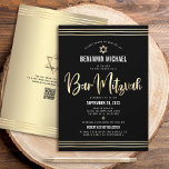 QR Code Bar Mitzvah Black Gold Script Tallit Bold Einladung<br><div class="desc">Seien Sie stolz, freuen Sie sich und präsentieren Sie diesen Meilenstein Ihres Lieblings-Bar Mitzvah! Versenden Sie diese atemberaubende, moderne, raffinierte, personalisierte QR-Codeeinladung für eine Veranstaltung, an die Sie sich erinnern können. Grafische Imitate Goldfolienkalligraphie-Skript, Star of David, moderne weiße Sans Serif Typografie und handgezeichnete tallisierte Linien überlagern einen reichen, dramatischen, schwarzen...</div>
