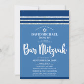 QR-Code Bar Mitzvah Blue Silver Tallit Fett-Script Einladung (Vorderseite)
