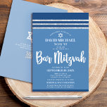 QR-Code Bar Mitzvah Blue Silver Tallit Fett-Script Einladung<br><div class="desc">Seien Sie stolz, freuen Sie sich und präsentieren Sie diesen Meilenstein Ihres Lieblings-Bar Mitzvah! Versenden Sie diese coole, einzigartige, moderne, personalisierte QR-Codeeinladung für eine Veranstaltung, an die Sie sich erinnern können. Fett, weiße Schrift Typografie, Star of David und ein marineblau und silber Glitzer gestreift tallit inspirierte Grafik Overlay ein einfaches,...</div>