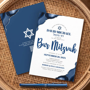 QR-Code Bar Mitzvah Navy Blau Achat Schrift Modern Einladung