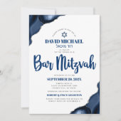 QR Code Bar Mitzvah Navy Blue Agate Script Modern Einladung (Vorderseite)