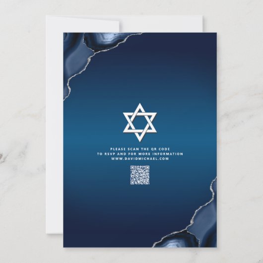 QR-Code Bar Mitzvah Navy Blue Ombre Agate Script Einladung (Rückseite)