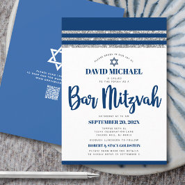 QR Code Bar Mitzvah Navy Silver Tallit Bold Script Einladung