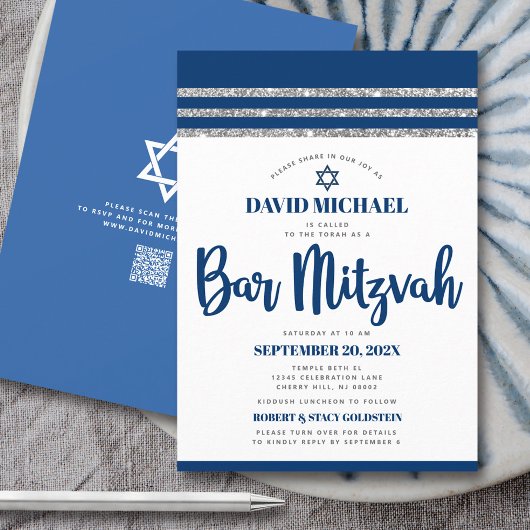 QR Code Bar Mitzvah Navy Silver Tallit Bold Script Einladung