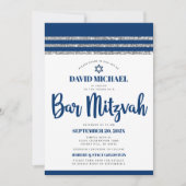 QR Code Bar Mitzvah Navy Silver Tallit Bold Script Einladung (Vorderseite)