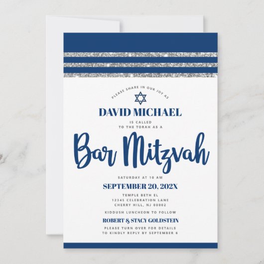 QR Code Bar Mitzvah Navy Silver Tallit Bold Script Einladung (Vorderseite)