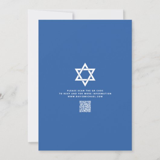 QR Code Bar Mitzvah Navy Silver Tallit Bold Script Einladung (Rückseite)