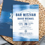 QR Code Bar Mitzvah Navy Typografie Blue Foil Bold Einladung<br><div class="desc">Seien Sie stolz, freuen Sie sich und präsentieren Sie diesen Meilenstein Ihres Lieblings-Bar Mitzvah! Versenden Sie diese coole, einzigartige, moderne, personalisierte QR-Codeeinladung für eine Veranstaltung, an die Sie sich erinnern können. Imitate mit hellblauen Pinselstrichen aus metallischer Folie, fett blauer Typografie und Star of David überlagern einen einfachen, weißen Hintergrund. Auf...</div>