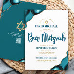 QR-Code Bar Mitzvah Türkis Agate Script Weiß Einladung<br><div class="desc">Seien Sie stolz, freuen Sie sich und präsentieren Sie diesen Meilenstein Ihres Lieblings-Bar Mitzvah! Versenden Sie diese coole, einzigartige, moderne, personalisierte QR-Codeeinladung für eine Veranstaltung, an die Sie sich erinnern können. Dunkle aquamarine blaue Schrift Typografie, Imitate Gold sans Serifentypografie und ein Imitat Gold Star of David überlagern schlichte, saubere weiße...</div>