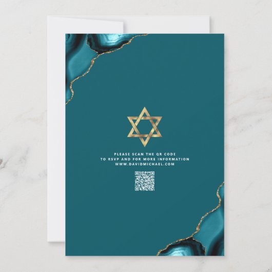 QR-Code Bar Mitzvah Türkis Agate Script Weiß Einladung (Rückseite)