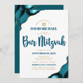 QR-Code Bar Mitzvah Türkis Agate Script Weiß Einladung (Vorne/Hinten)